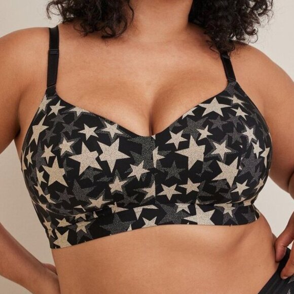Torrid Curve Dream Wire-Free Bra Black Gold Star Print Size 44DDD 44F Longline - Picture 1 of 7